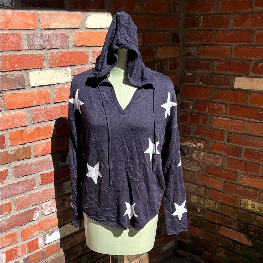 Rachel Zoe Navy & Stars Knit Hooded Top size Large